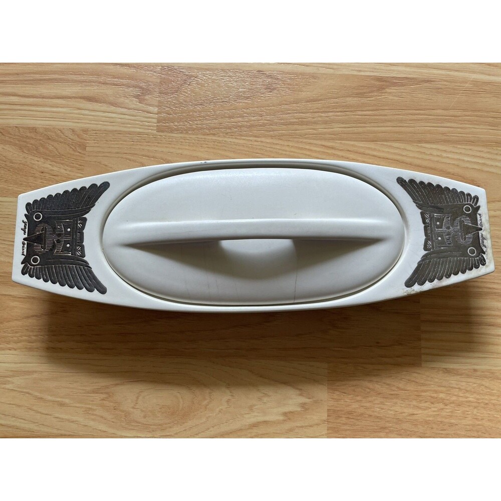 MCM Georges Briard Midas Hyalyn Pottery Dish with Lid White and Silver USA